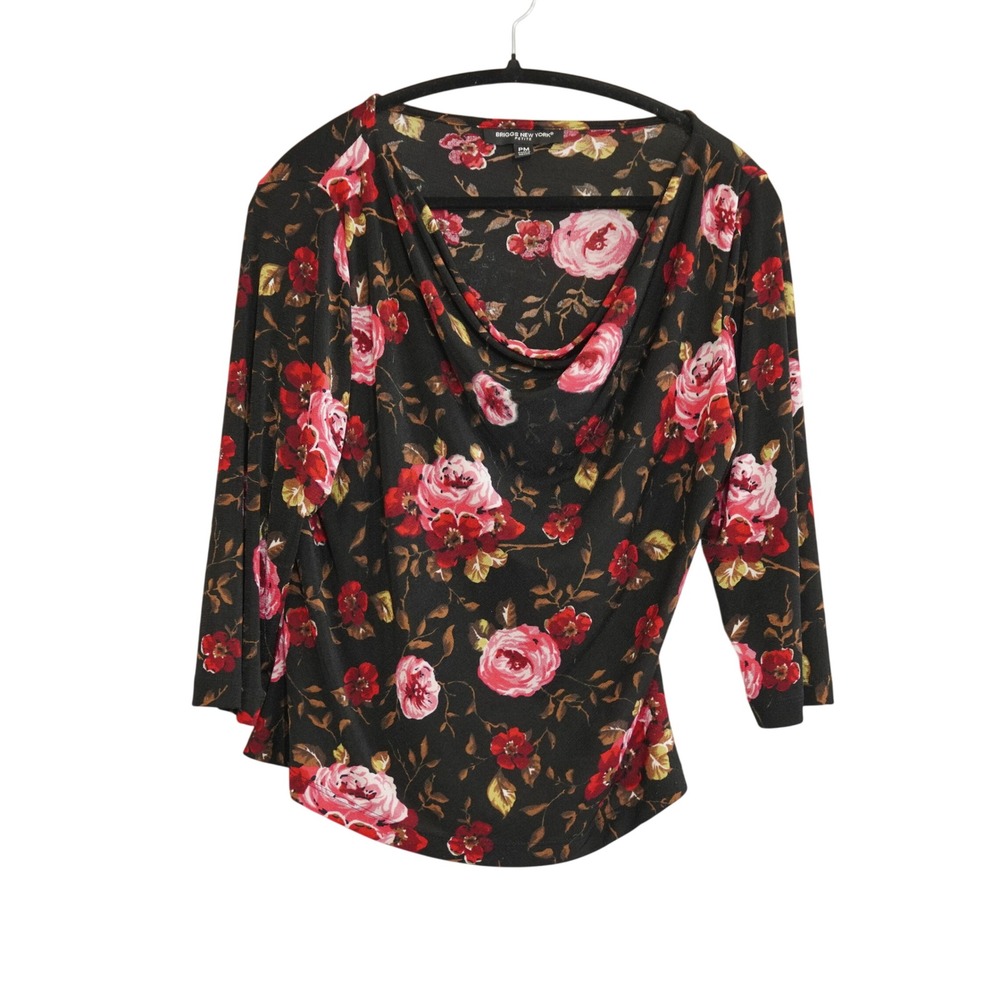Vintage 90s Whimsigoth Velvet Black Floral Shirt Cowl Neck‎ Grannycore